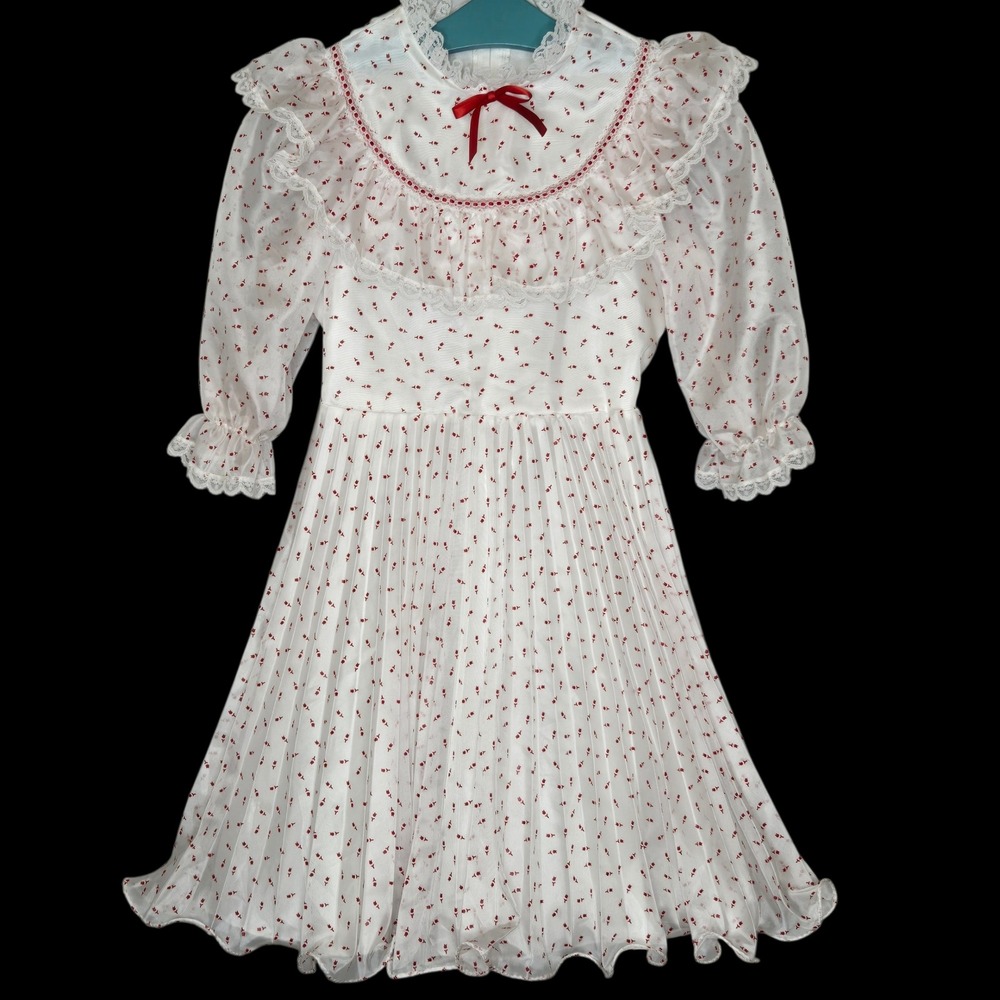 Vtg Merry Girl Pleated Party Dress 12 Red Bow Tulip Cottagecore ILGWU‎ 70s 80s